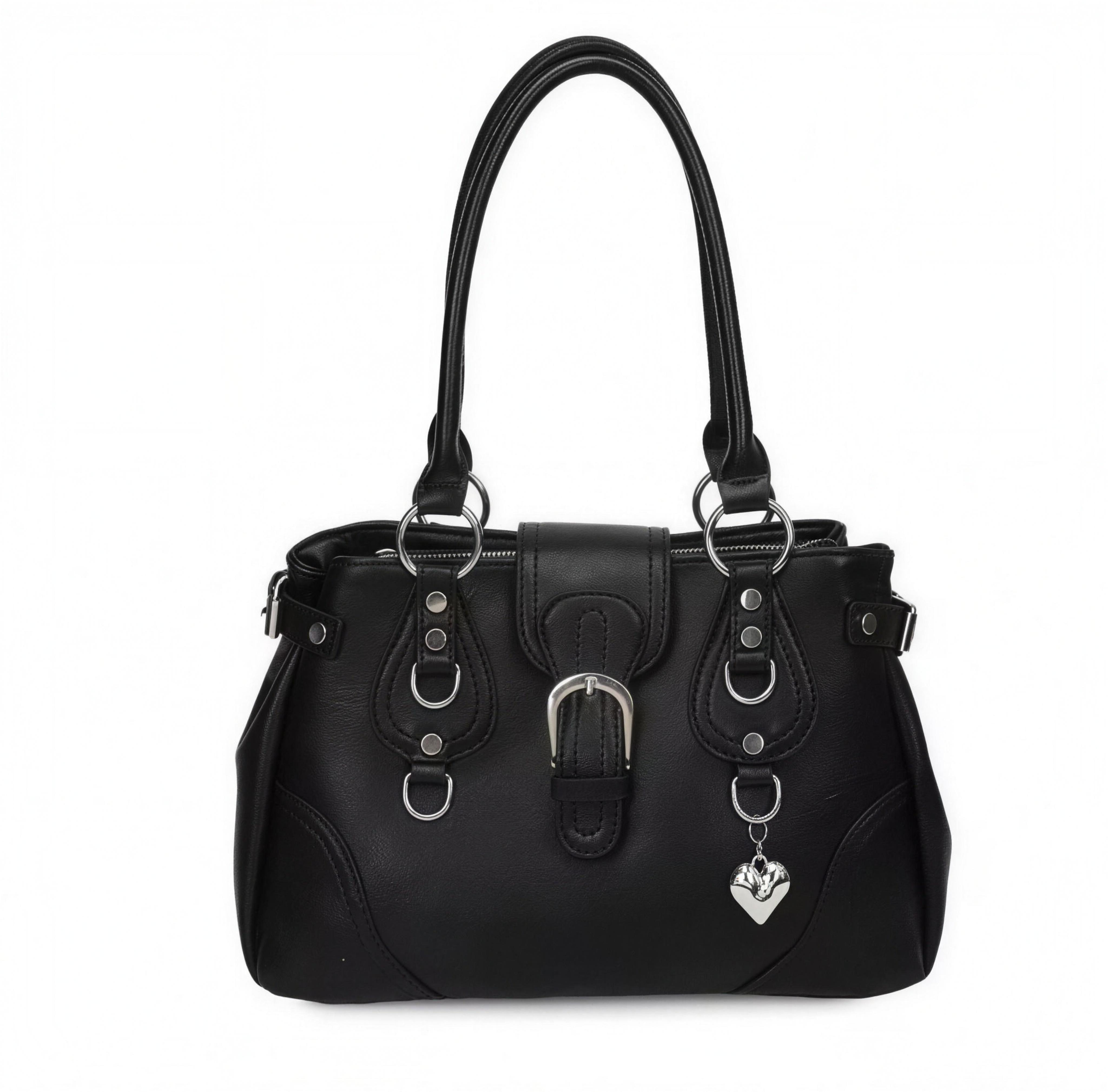 MARLOU Moto Shoulder Bag 01 in Schwarz – weiches PU-Kunstleder mit silbernen Beschlägen, D-Ringen, Nieten und Schnallenklappe